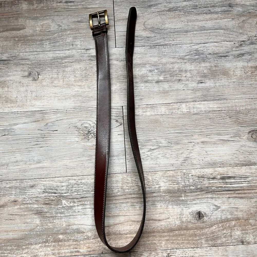 Eddie Bauer Brown Leather Belt Size 38 Brass Buckle Classic Casual Gold Stitch